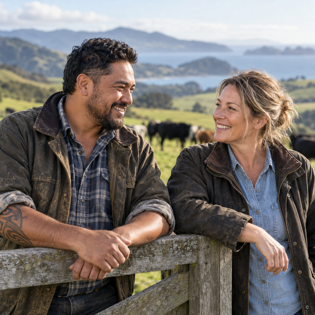 Illustrative farmers connecting beside a pasture fence