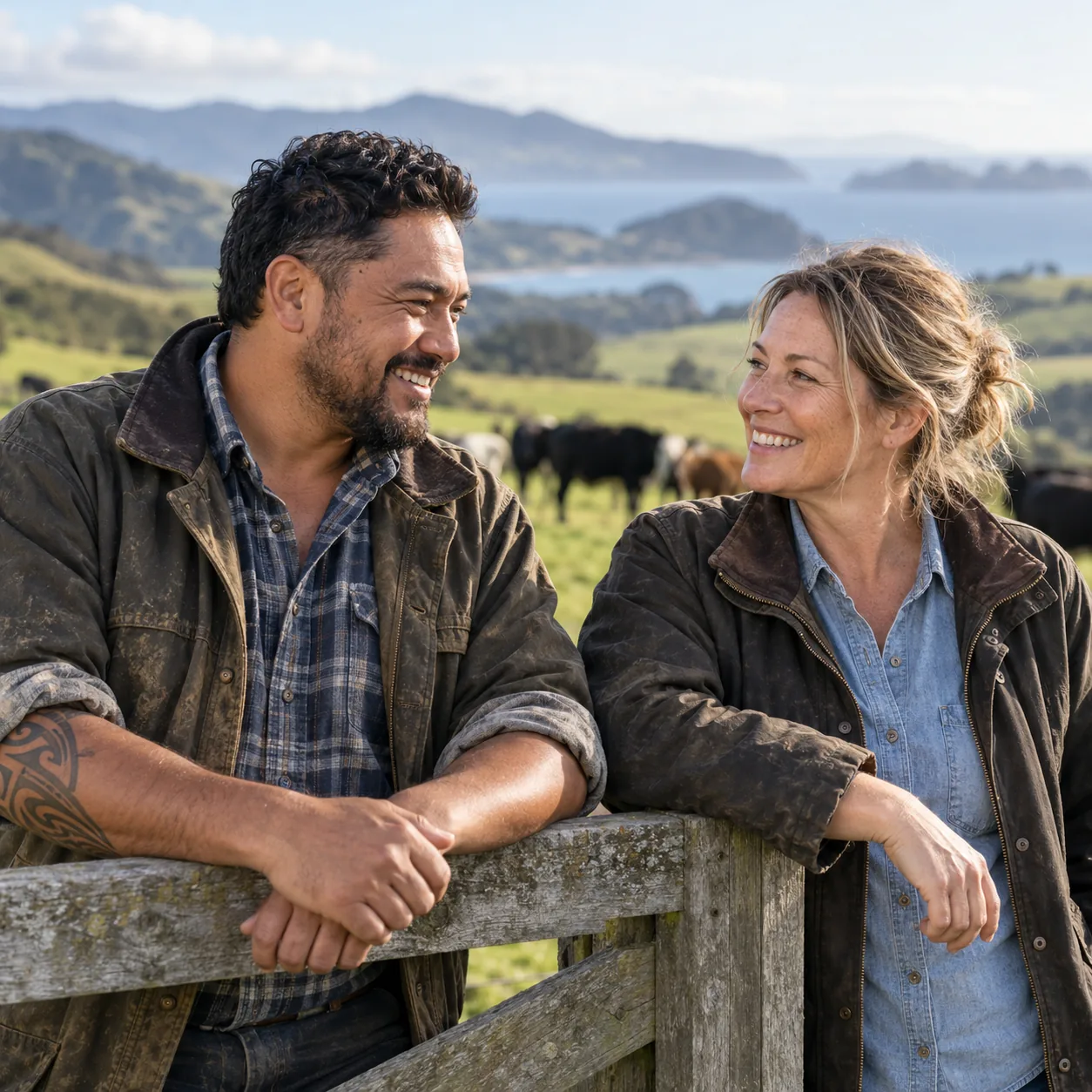 Illustrative farmers connecting beside a pasture fence