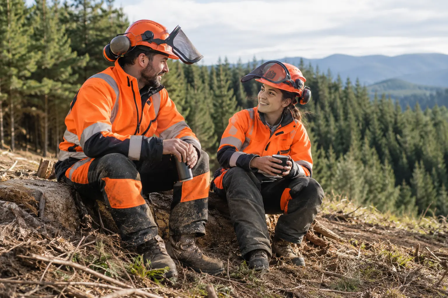 Illustrative scene of forestry workers connecting during a break