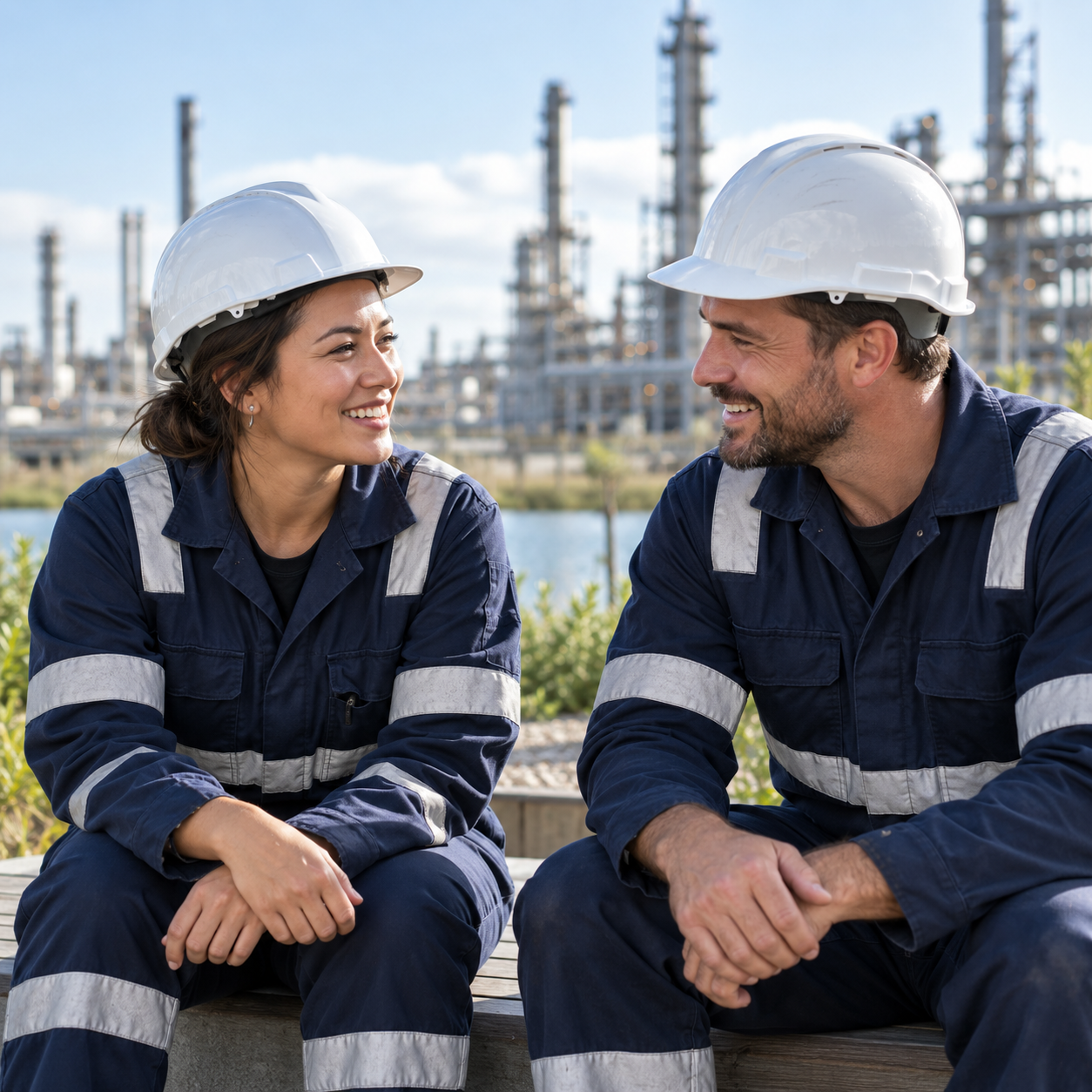 Illustrative oil and gas workers having a supportive conversation