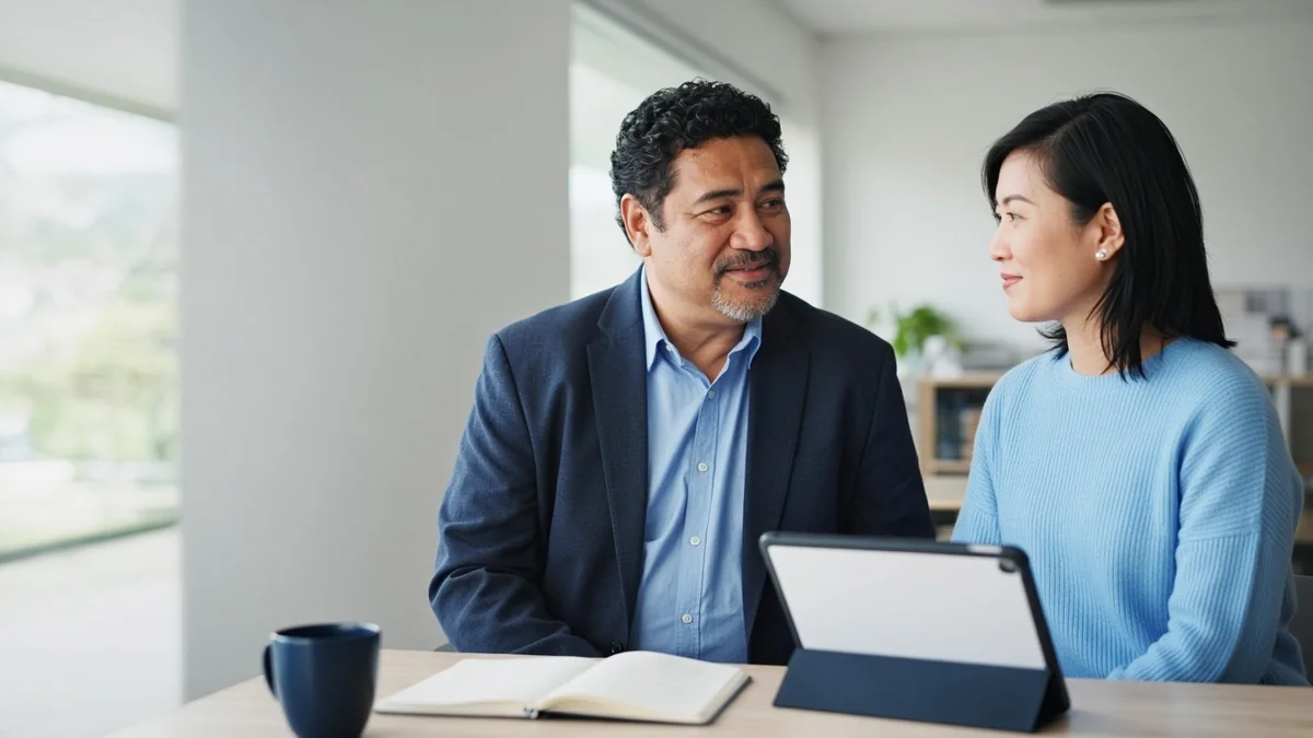 Illustrative image of two colleagues looking at a tablet together.