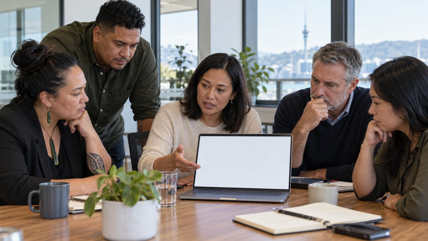Illustrative image: a council leadership team reviewing a report together