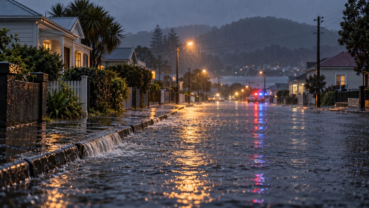 Illustrative image: a flooded town street at dusk with emergency lights in the distance