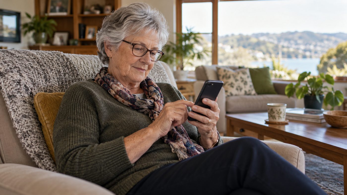 Illustrative image: an older woman reading a text message at home
