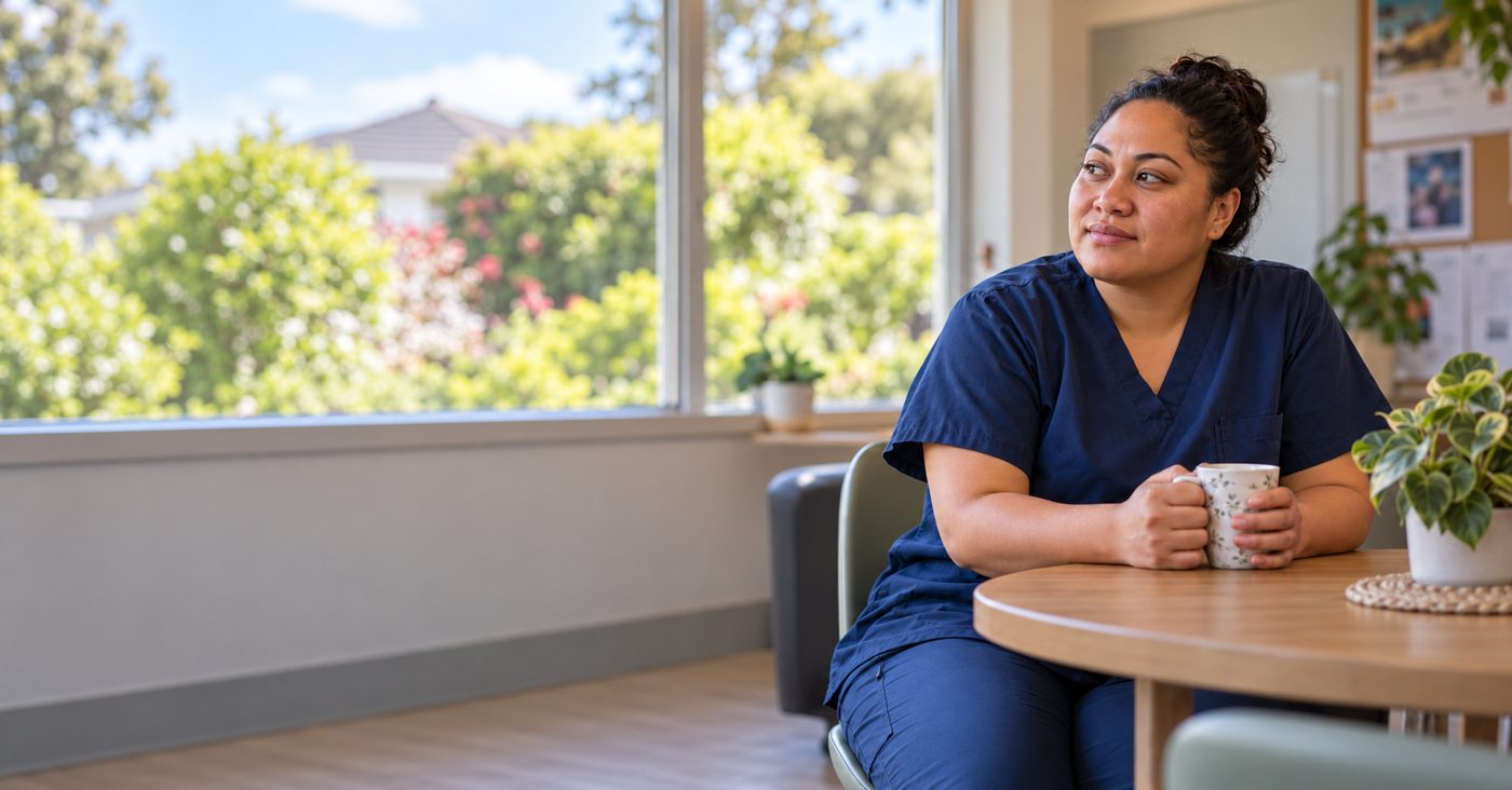 Illustrative image: a carer in scrubs taking a quiet break