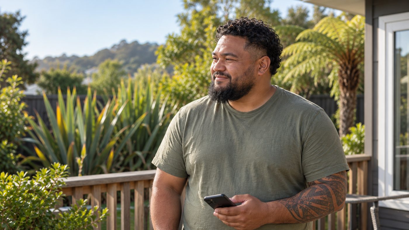 Illustrative image: a man reading a text message outdoors in the morning