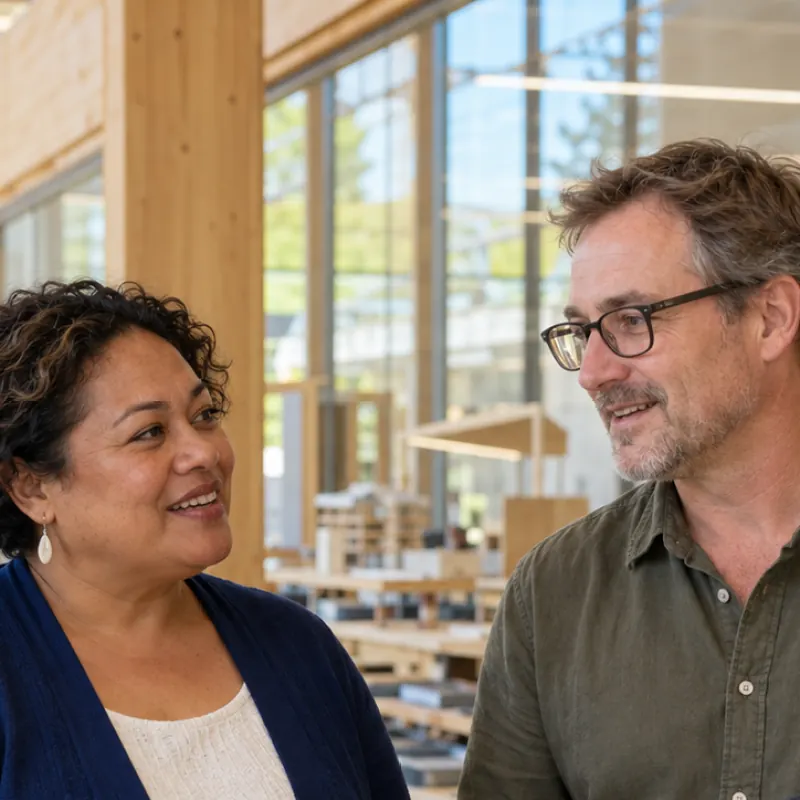 Illustrative image of two college staff talking in a modern campus building