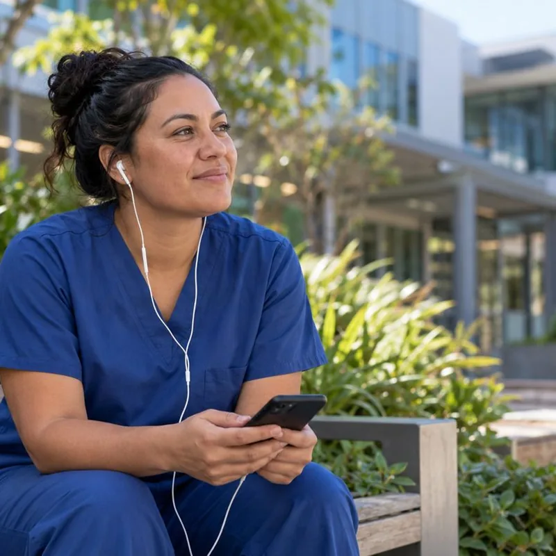 Healthcare worker in blue scrubs in a clinical hallway