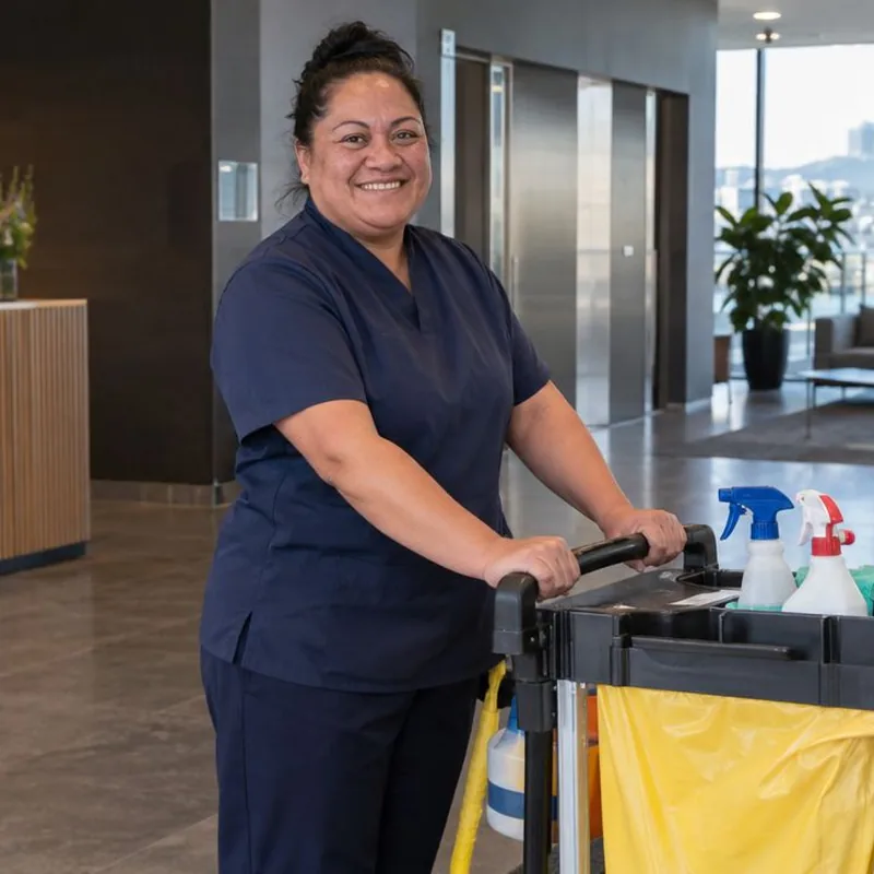 Hotel team member in a dark vest standing in a lobby