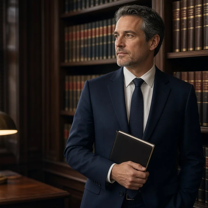 Illustrative image of an adult standing by bookshelves in a law office.