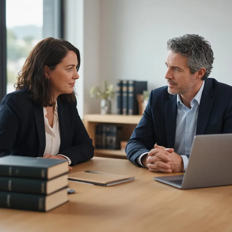 Illustrative image of two adults talking across a table in a law office