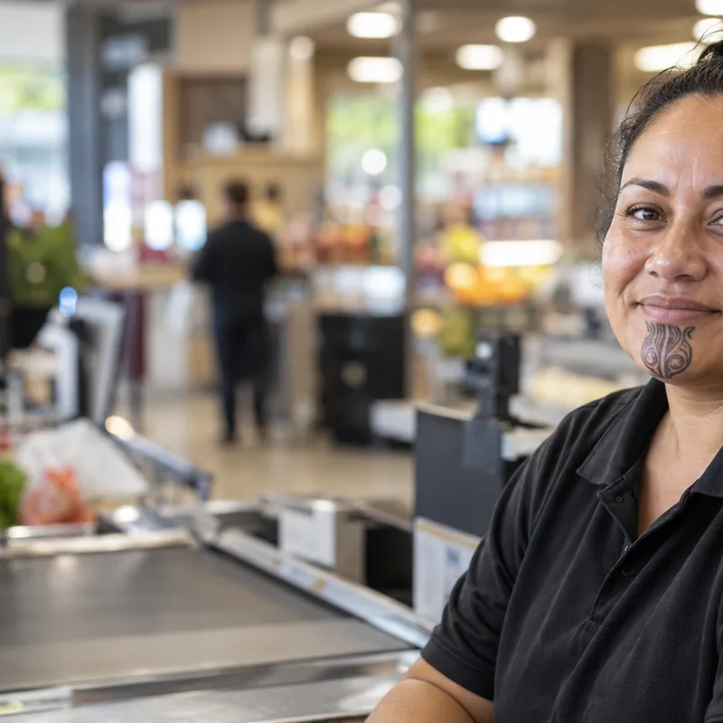 Supermarket worker in a blue polo shirt at a checkout counter