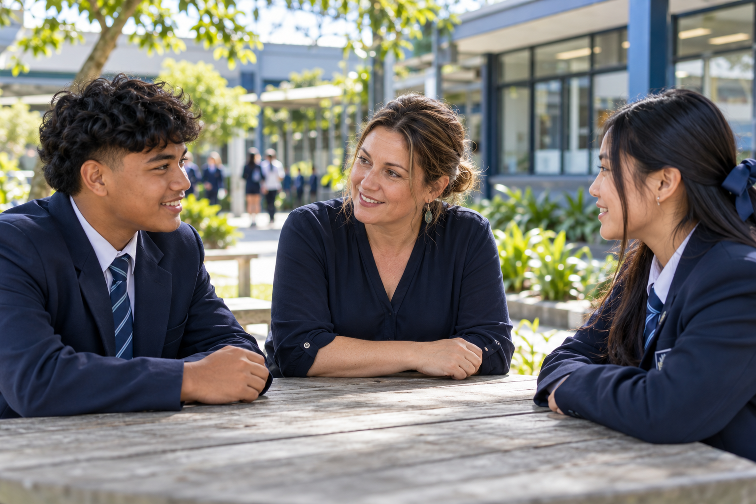 Illustrative school scene: a teacher listening to two students