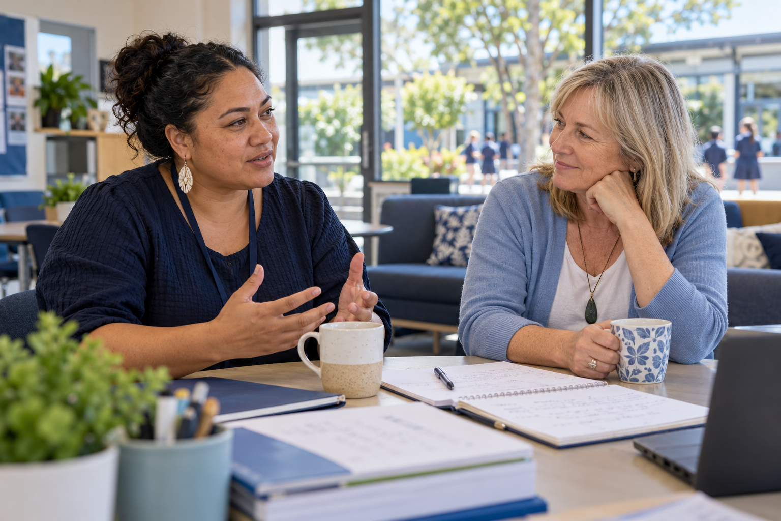 Illustrative scene of two teachers listening and supporting each other in a staffroom