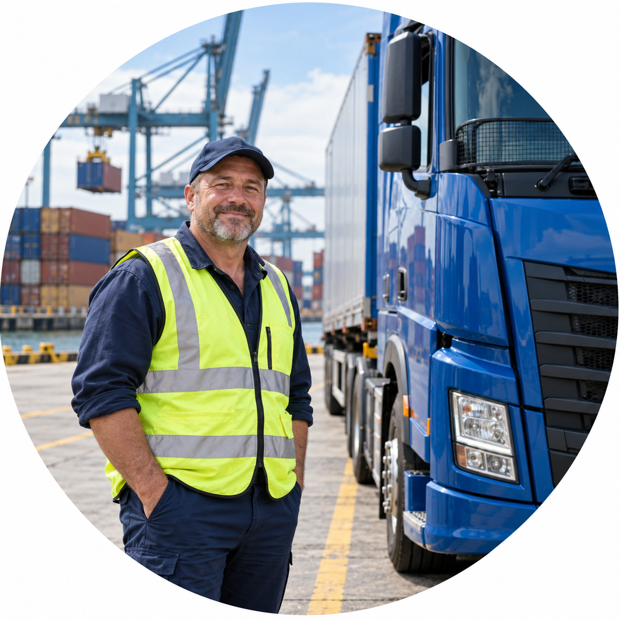 Illustrative truck driver beside a parked blue freight truck at a shipping port